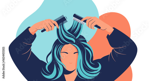 A woman with blue hair is brushing her hair with two combs in a creative illustration