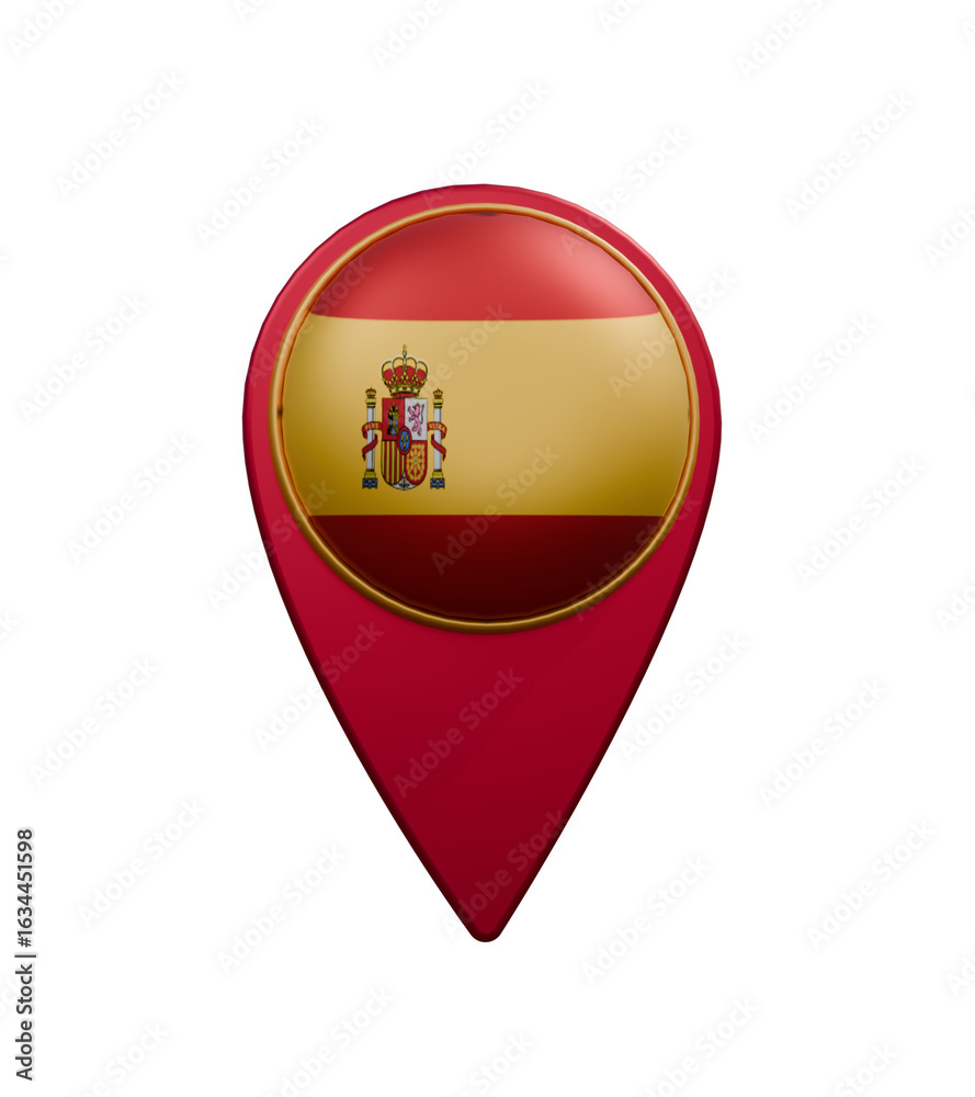 Obraz premium Spain national flag isolated on transparent background. Map pointer symbol for website, gps navigator, apps. Illustration in flat design. Location marker. Geolocation mark on the map.