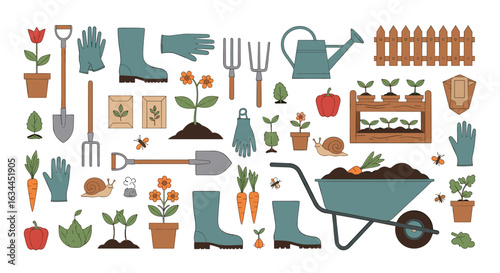 Collection of gardening tools plants and equipment for cultivating vegetables and flowers
