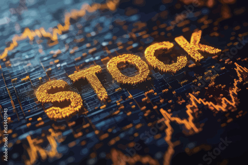 Stock is a word that is written in a very bold and colorful font. The image is a representation of the stock market, with a lot of lines and curves that resemble the ups and downs of the market