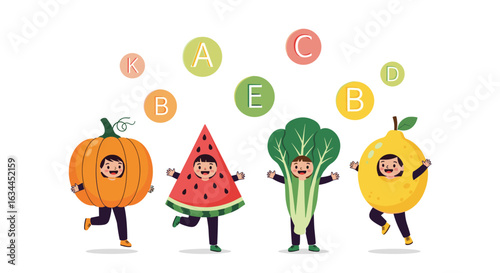 Vibrant healthy children in fruit and vegetable costumes celebrating nutrients essential for growth