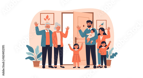 A diverse multi-generational family gathering together warmly at the front door welcoming everyone with open arms