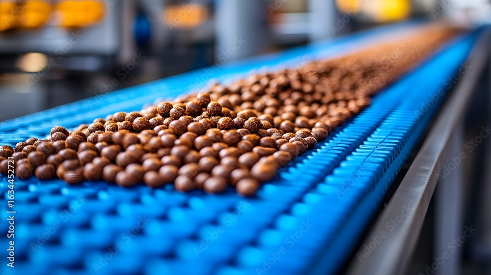 Fototapeta premium Brown spheres on a blue conveyor belt in an industrial setting.