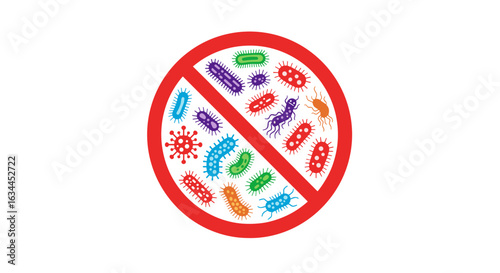 Illustration of various colorful microbes and bacteria contained within a red prohibition sign symbolizing the elimination of germs and microorganisms