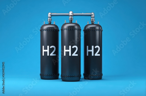 Three black hydrogen storage tanks with H2 labels are connected against blue background