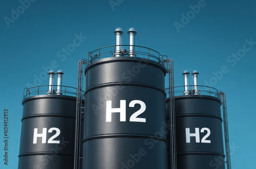 Hydrogen storage tanks against clear blue sky, showcasing industrial energy solutions