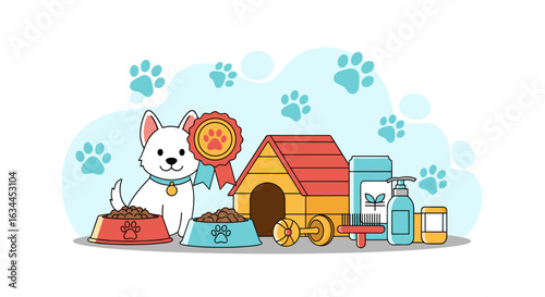 A happy white dog receives a prestigious award surrounded by pet care essentials and accessories