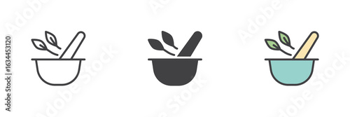 Herbal bowl icon set in line, solid and filled outline style