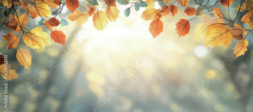 A beautiful autumn scene with a bright sun shining through the leaves. The leaves are scattered on the ground, creating a colorful and peaceful atmosphere