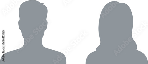 Grayscale faceless male and female avatars silhouettes with simple hairstyles, perfect for profile placeholders, user icons, and identity illustration