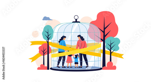 Family trapped inside a birdcage symbolizing confinement and protection from outside dangers
