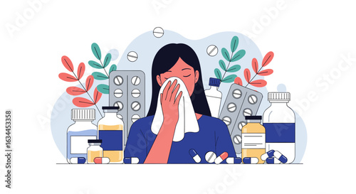 Woman with flu blowing her nose surrounded by medicine bottles and pill packs representing cold and flu treatment and remedies