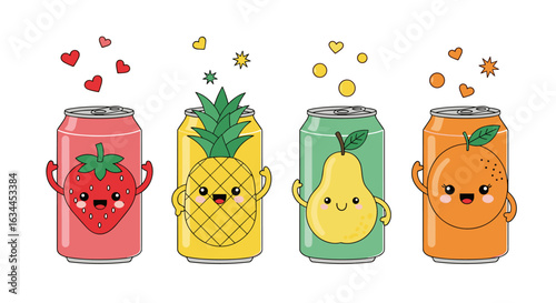 Four cute kawaii fruit soda cans with strawberry pineapple pear and orange designs and sparkles