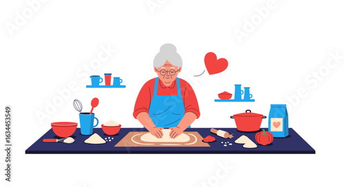 Grandmother kneading dough with love in a cozy kitchen preparing delicious food for family