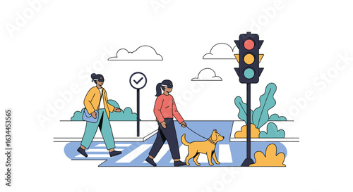 People crossing a street safely at a crosswalk with traffic signals and pedestrian crossing signs illustrating urban street safety and accessibility for everyone