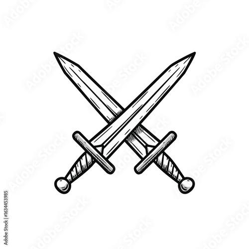 Vintage crossed swords illustration in a hand-drawn tattoo style. Medieval battle emblem or heraldic symbol for combat and war.