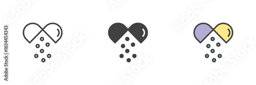 Heart and granules icon set in line, solid and filled outline style