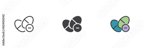 Two pills with minus sign icon set in line, solid and filled outline style
