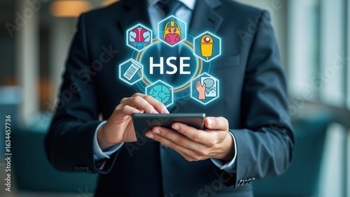 Wallpaper Mural HSE Concept for Workplace Health and Safety. Businessman using laptop with icons representing health, safety, and environmental protection, illustrating HSE management system in business process. Torontodigital.ca