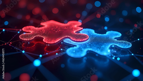 Two glowing red and blue digital jigsaw puzzle pieces connecting, isolated on futuristic data network background - technology, business partnership, collaboration, teamwork, synergy, problem solving