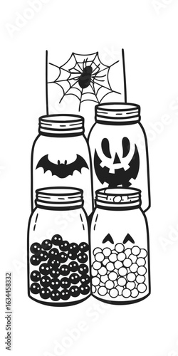 Illustration of halloween themed mason jars with spooky designs isolated on white background