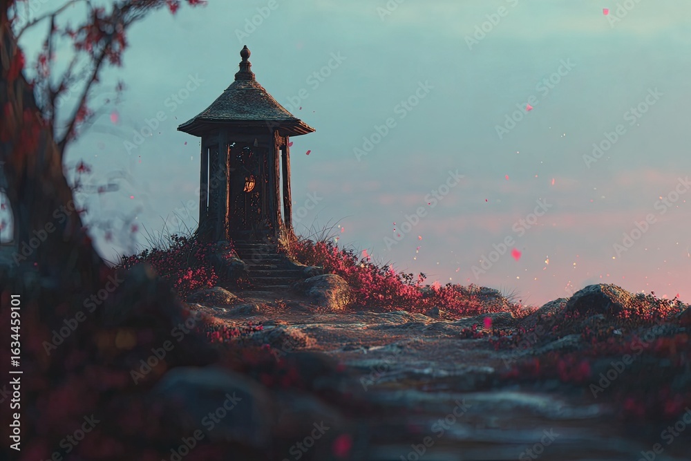 Fototapeta premium A small, dark shrine on a hillside, bathed in soft light