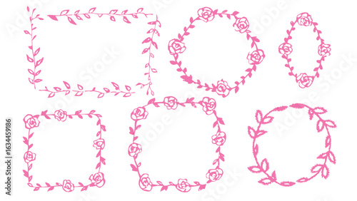 Collection of pink floral frames and borders featuring roses and leaves in various shapes and sizes