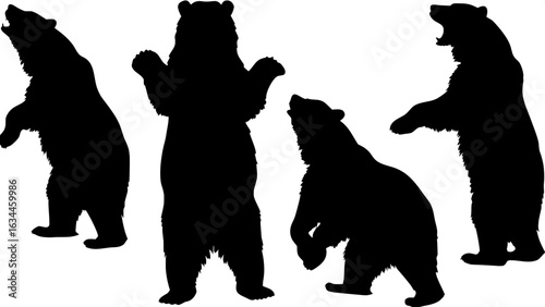 "Four black silhouette bears in various poses – standing on hind legs, walking on all fours, sitting, and roaring – spaced evenly across a solid white backdrop. Minimalist, flat design with simplified