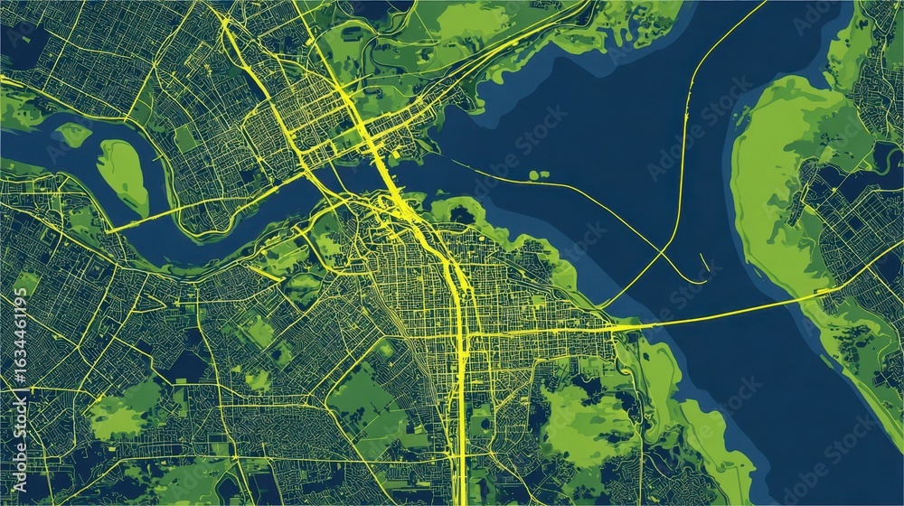Fototapeta premium Urban map of a city with waterways and land features.
