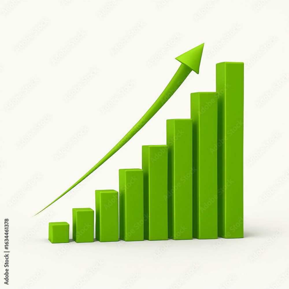 Green bar chart showing upward trend and growth arrow Green bar chart showing upward trend and growth arrow