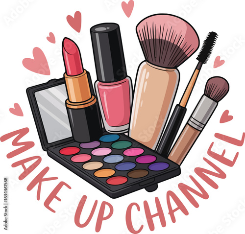 Make Up Channel Cosmetic Products And Hearts Illustration makeup cosmetics