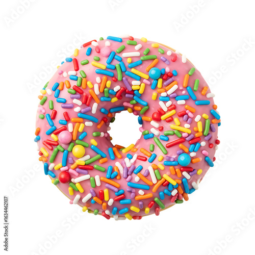 Pink frosted donut with colorful sprinkles on black isolated on a transparent background