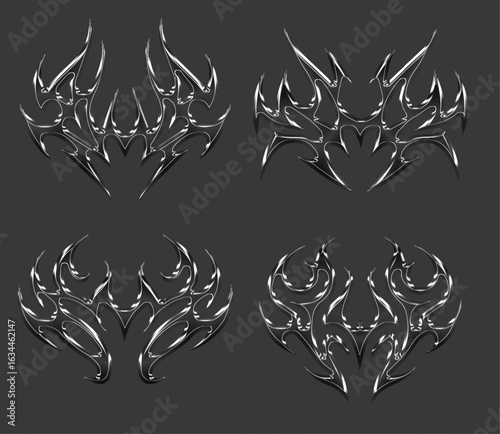 Neo-Tribal Cyber Sigil in Liquid Metal Form, 3D Abstract Chrome Flame Structure Fused with Y2K Symbolism, Futuristic Burn Patterns, and Post Human Aesthetic Codes. 3D Illustration
