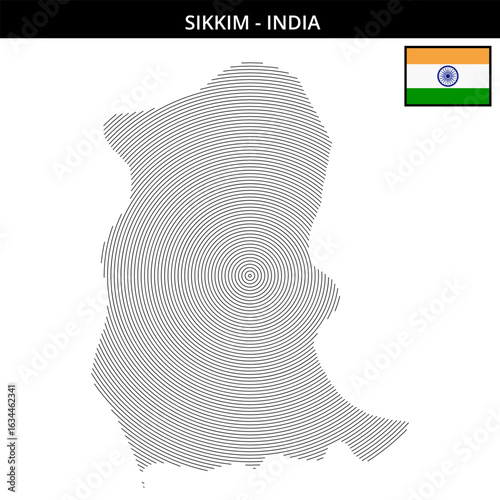 Unique geographical map outline of Sikkim India with flag