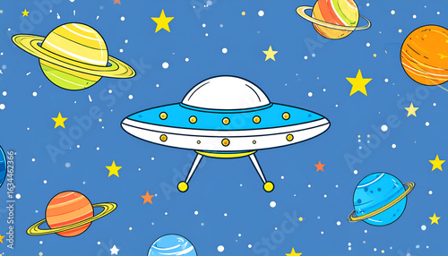 UFO in Space with Planets, and Stars.