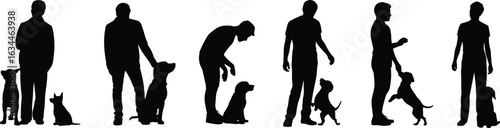 Silhouettes of people and dogs in different interaction poses including standing, bending, and playing, black vector illustration showing human-dog bonding and training on white background