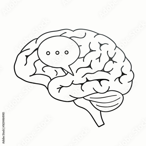 Brain illustration with chat bubble symbolizing communication and cognitive processes with copy space for mental health awareness