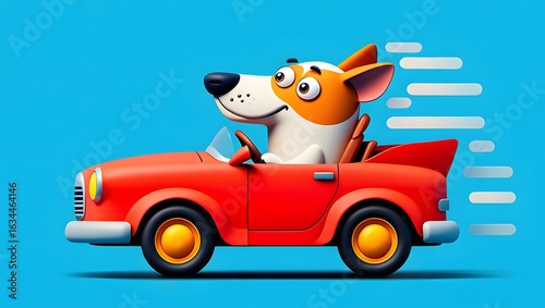 Joyful cartoon dog drives a red convertible car with a big smile