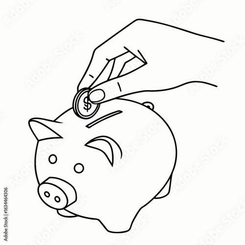 Saving money concept with hand putting coin into piggy bank with copy space for financial planning or children's savings day; economic growth