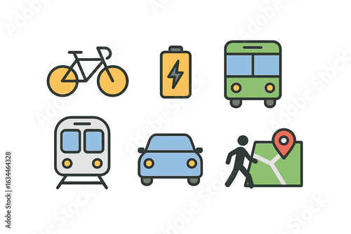 Flat icons representing various urban transportation methods including bike, electric vehicle, bus, train, and walking with map navigation.
