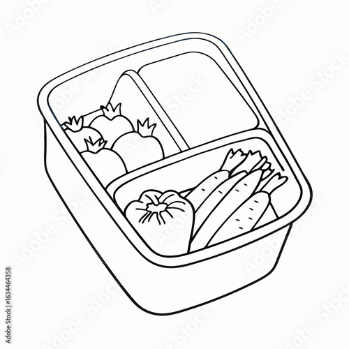 Lunchbox with fresh vegetables including tomatoes and carrots with copy space for healthy eating and meal prep ideas; nutritious choices