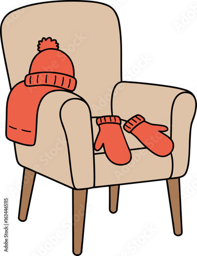 Cozy armchair with red scarf, hat, and mittens in hand-drawn style  