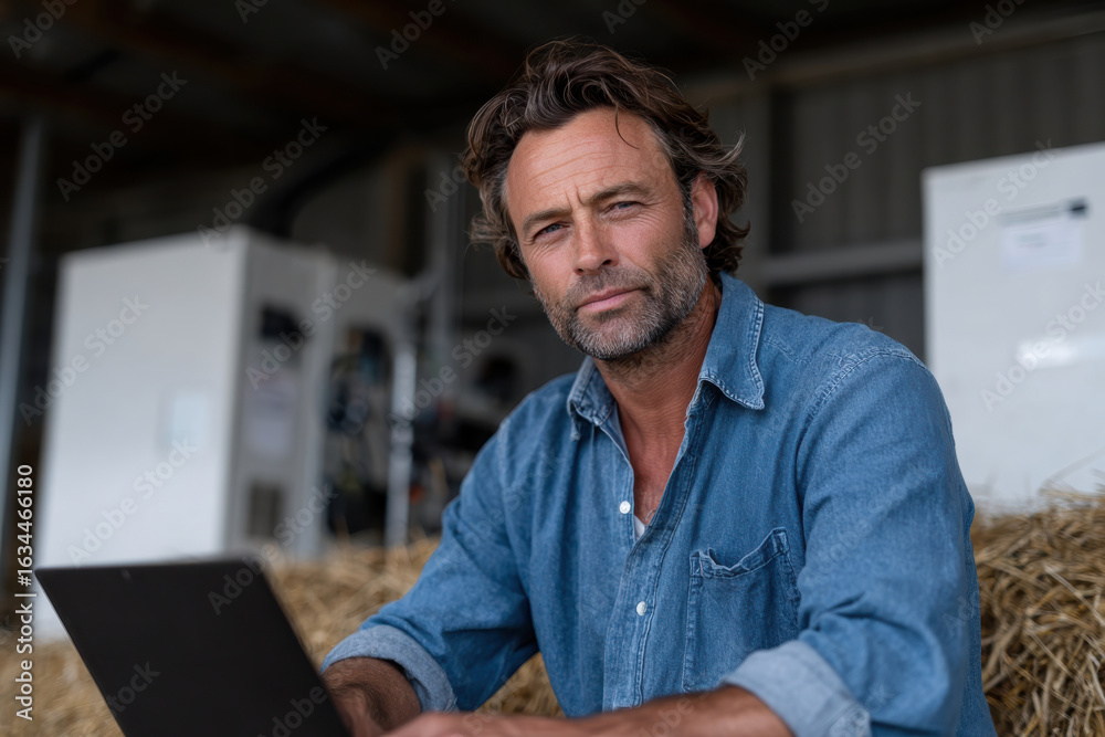 Fototapeta premium A thoughtful man sitting on hay while working on a laptop in a rustic environment, representing the blend of agriculture and modern technology in daily life.