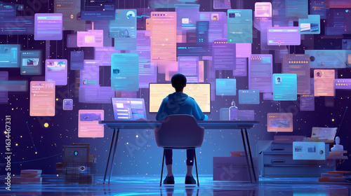 A man is sitting at a desk with a computer monitor in front of him. The monitor is filled with various colorful icons and messages, creating a sense of chaos and disorganization