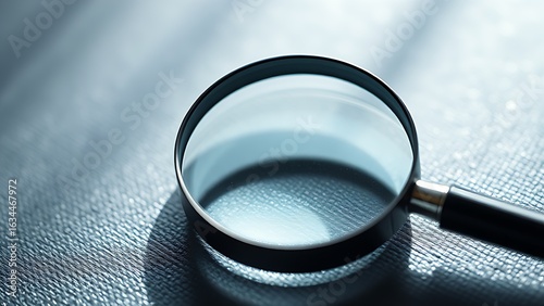Magnifying glass on a textured surface with soft focus, suggesting inspection or detailed examination.