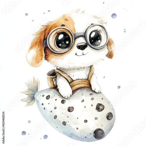 Adorable Watercolor Puppy Pilot Soaring on MoonShaped Rocket
