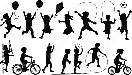Silhouettes of children playing outdoors, jumping, flying kites, riding bicycles, skipping rope, holding balloons, active kids, fun, childhood, energetic, joyful playtime, group of kids
