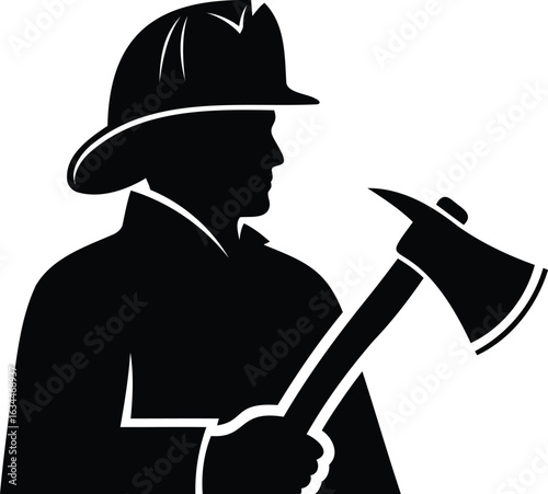 Silhouette of a firefighter holding an axe wearing a helmet representing bravery and community service