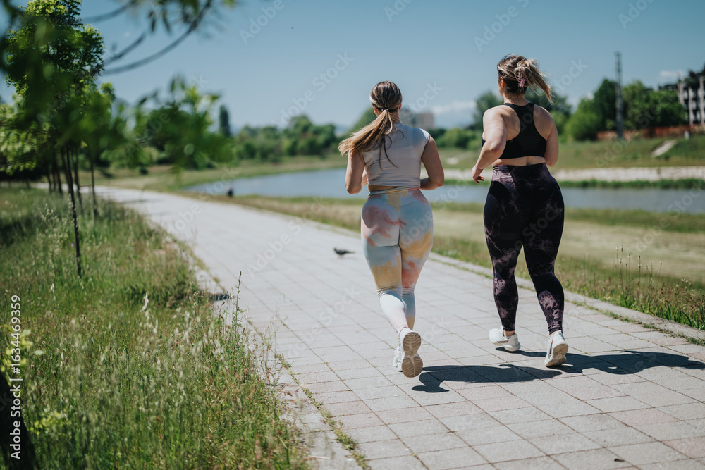 Fototapeta premium Two women enjoy an outdoor workout, jogging along a scenic park pathway lined with greenery and a tranquil river under a clear sky.