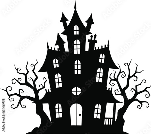 A spooky haunted house silhouette with bare trees evokes a sense of mystery and dread perfect for halloween themed designs